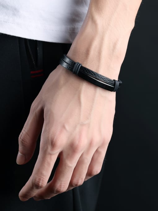 Black Simple Smooth Titanium Artificial Leather Bracelet