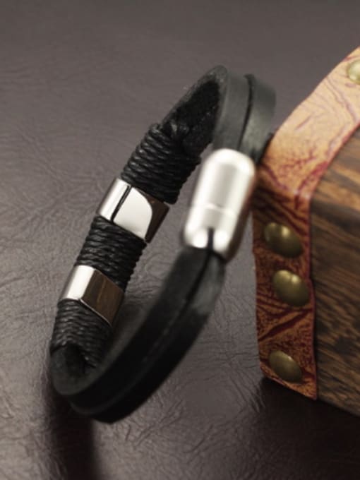 Open Sky Simple Black Artificial Leather Sporty Men Bracelet 2
