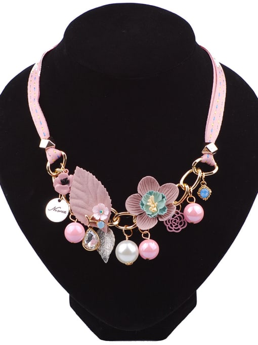 Pink Exquisite Elegant Cloth Flower Resin Beads Alloy Necklace