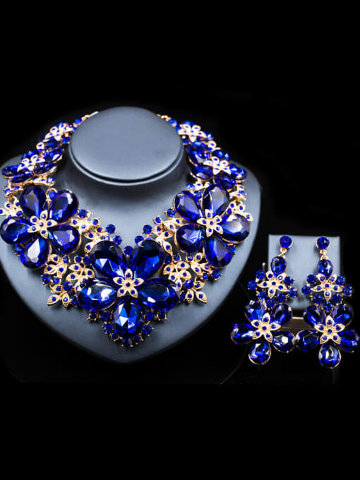 Blue 2018 2018 Exaggerated Flower Glass Rhinestones Two Pieces Jewelry Set