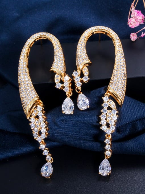 Gold Copper With Cubic Zirconia  Luxury Hook Cluster Earrings