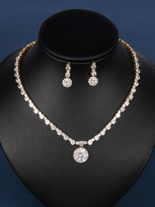 gold Copper With Cubic Zirconia Simplistic Round Earrings And Necklaces 2 Piece Jewelry Set