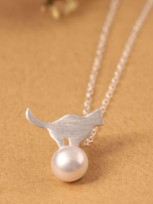 SILVER MI Lovely Cat Freshwater Pearl Clavicle Necklace 0