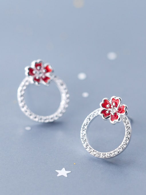 Rosh 925 Sterling Silver With Silver Plated Simplistic Red Plum Blossom Stud Earrings 0