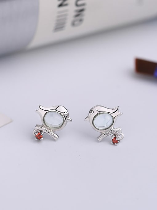 One Silver Tiny Bird Oval Stone 925 Silver Stud Earrings 1