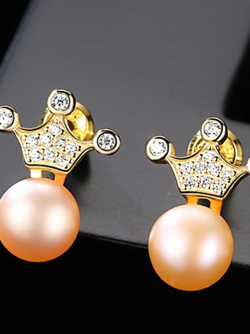 Pink Sterling Silver 7-7.5mm natural freshwater pearl crown studs earring