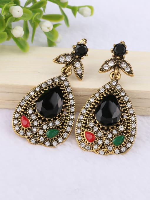 black Ethnic style Water Drop Resin stones White Crystals Alloy Drop Earrings