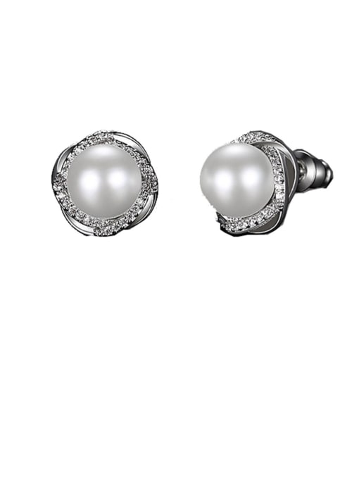 Platinum Copper With  Artificial Pearl Simplistic Flower Stud Earrings