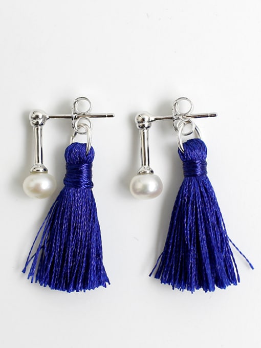 Blue Fashion Chinlon Tassels Freshwater Pearl Silver Stud Earrings