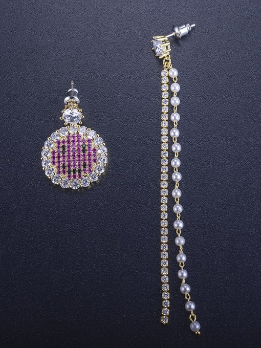 ALI Bling-bling zircon lovely smiling face asymmetrical Imitation pearls Tassel Earrings 1