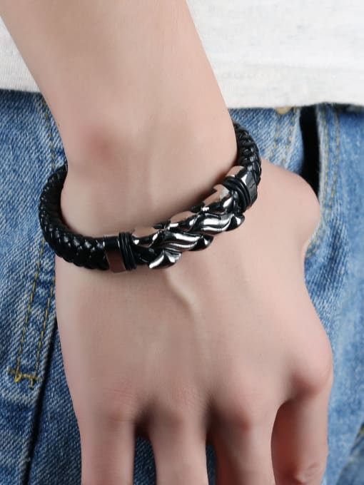 Open Sky Punk style Titanium Black Woven Artificial Leather Bracelet 1