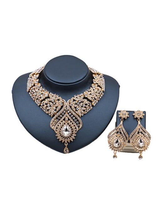 gold Glass Rhinestones Exaggerated Two Pieces Jewelry Set