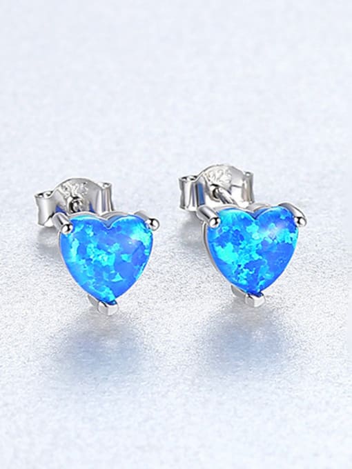 Blue 925 Sterling Silver With Opal Cute Heart Stud Earrings
