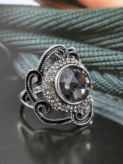 Gujin Retro style Grey Glass Stone Crystals Alloy Ring 2
