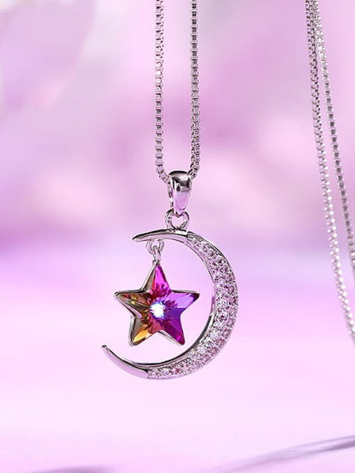 purple Copper Alloy White Gold Plated Trendy Star Moon Crystal Necklace
