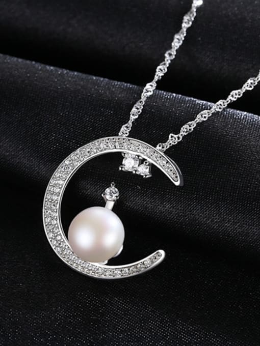 White Pearl Pure silver with zircon pearl Moon Necklace