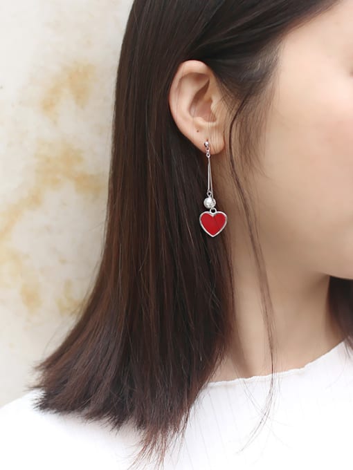 DAKA Fashion Artificial Pearl Red Heart Silver Drop Earrings 1