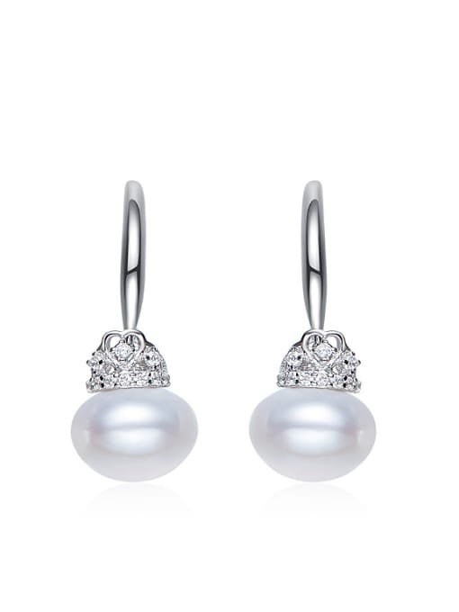 White Simple Tiny Crown Freshwater Pearl Silver Earrings