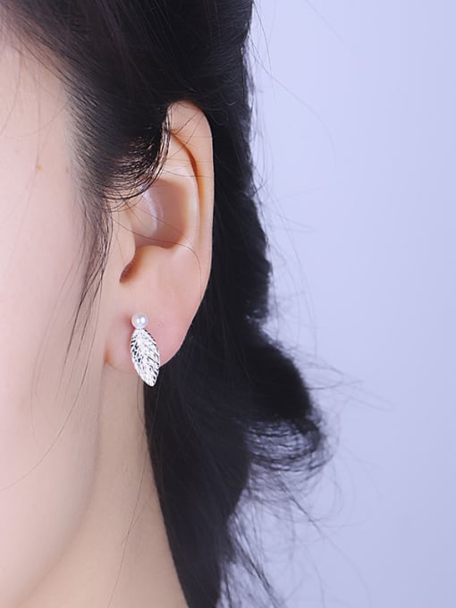 One Silver Leaf Shaped Shell Pearl Stud Earrings 1