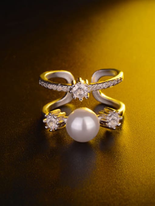 AI Fei Er Fashion Two-band Imitation Pearl Cubic Zirconias Copper Opening Ring 3