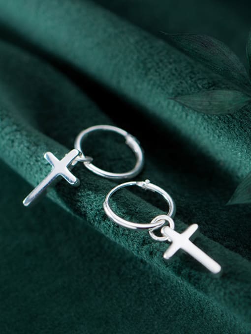 Rosh 925 Sterling Silver With Platinum Plated Simplistic  Smooth  Cross Clip On Earrings 1