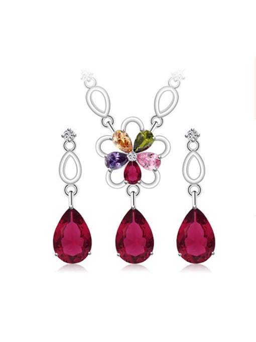 Red Copper Alloy White Gold Plated Fashion Water Drop and Flower-shaped Two Pieces Zircon Jewelry Set