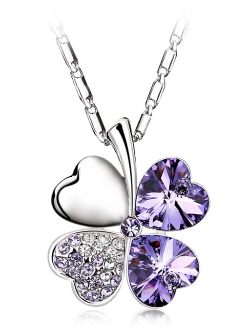 Platinum,Violet 18K White Gold Leaf Shaped Crystal Necklace