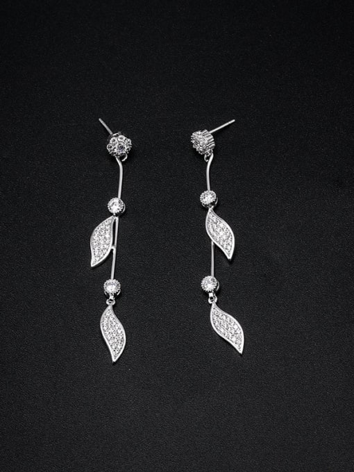 Platinum Copper With Cubic Zirconia  Simplistic Leaf  Long pendant Drop Earrings