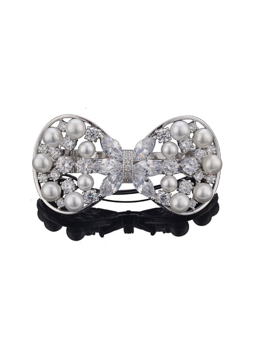 Wei Jia Fashion Elegant Hollow Bowknot Imitation Pearls Zirconias Copper Hairpin 0