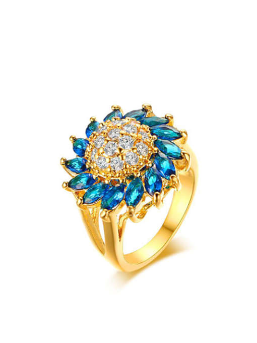 Blue Exquisite Gold Plated Blue Flower Shaped Copper Ring