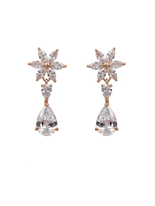 Champagne Gold Copper With Cubic Zirconia Cute Flower Drop Earrings