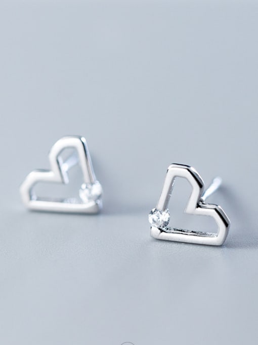 Platinum Sterling silver hollow heart shaped single diamond earrings