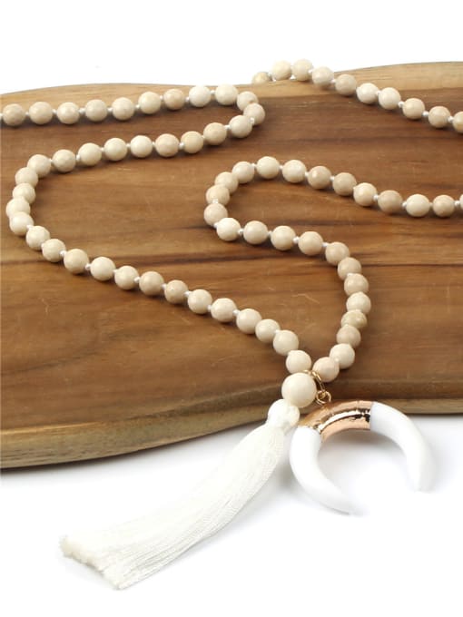 HN1919-A Wooded Beads Moon Shaped Stones Tassel Necklace