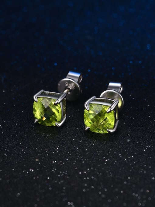 ZK S925 Silver Square Shaped Green Natural Stones Stud Earrings 0