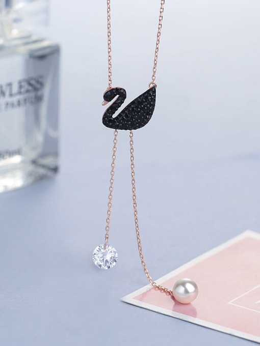 Rose Gold Fashion Black Swan Shell Pearl Cubic Zircon Pendant 925 Silver Necklace
