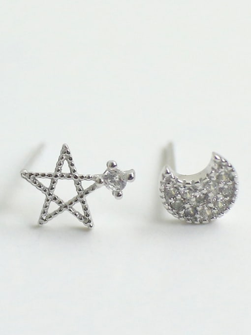 White Asymmetrical Little Moon Star Cubic Rhinestones Silver Stud Earrings