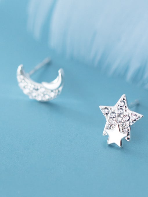 Rosh 925 Sterling Silver With Platinum Plated Simplistic Stars moon asymmetry Stud Earrings 2