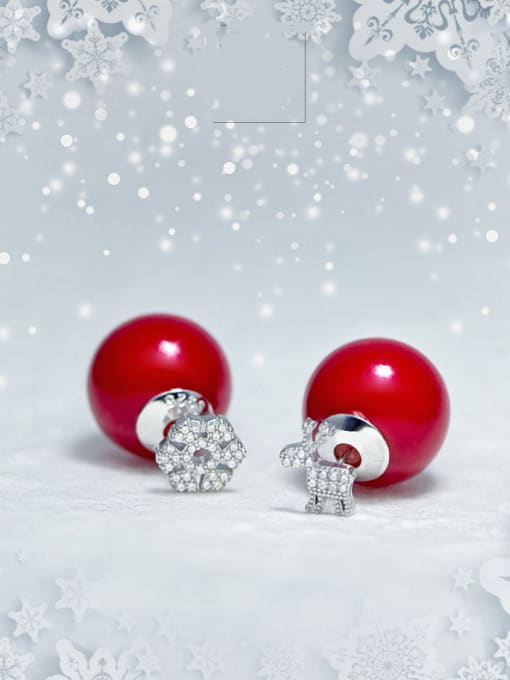 Rosh S925 Silver Snowflake Deer Artificial  Red Pearl Christmas stud Earring 0