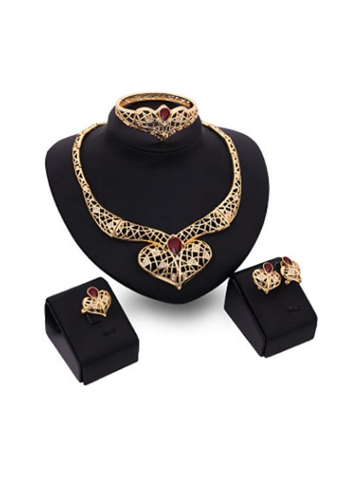 red Alloy Imitation-gold Plated Fashion Artificial Stones Heart-shaped Hollow Four Pieces Jewelry Set