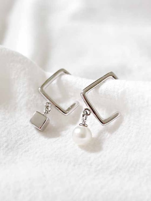 DAKA Asymmetrical Opening Square Artificial Pearl Silver Stud Earrings 0