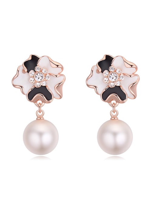 White Elegant Imitation Pearl Flowery Alloy Stud Earrings