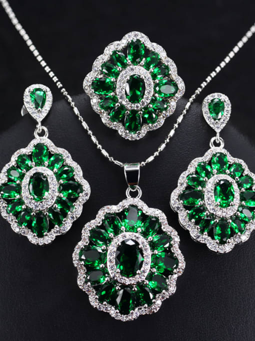Green Ring 6 Yards Colorful Zircons Flower Three Pieces Jewelry Set