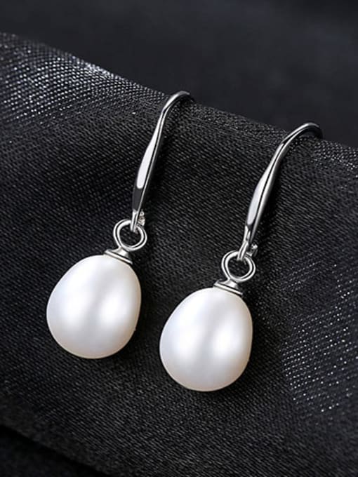 White 925 Sterling Silver With  Artificial Pearl  Simplistic Oval Hook Earrings