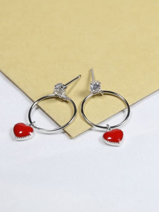 Platinum Fashion Hollow Round Red Little Heart 925 Silver Stud Earrings
