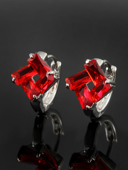 SANTIAGO Exquisite Red Platinum Plated Square Zircon Clip Earrings 1