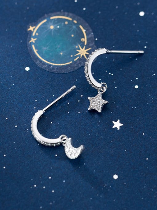 Rosh 925 Sterling Silver With Gold Plated Cute Asymmetric Stars Moon Drop Earrings 1