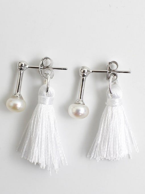 White Fashion Chinlon Tassels Freshwater Pearl Silver Stud Earrings