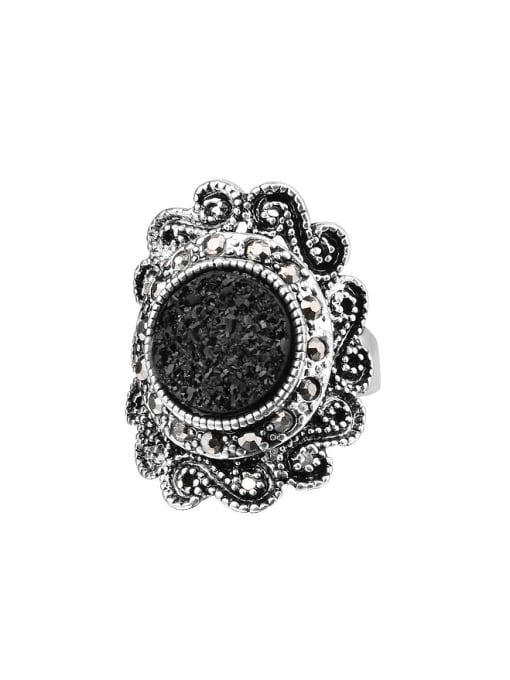 Gujin Exquisite Retro Black Broken Resin Stones Rhinestones Flowery Ring 0
