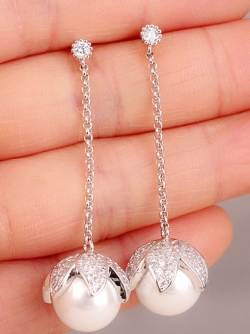 White S925 Silver Zircon Pearl Temperament and Simple Anti allergy threader earring,