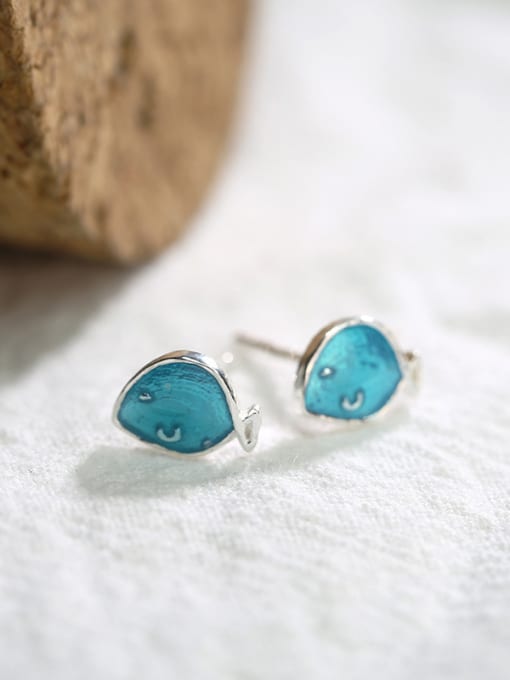 blue Tiny Little Blue Fish Enamel 925 Silver Stud Earrings
